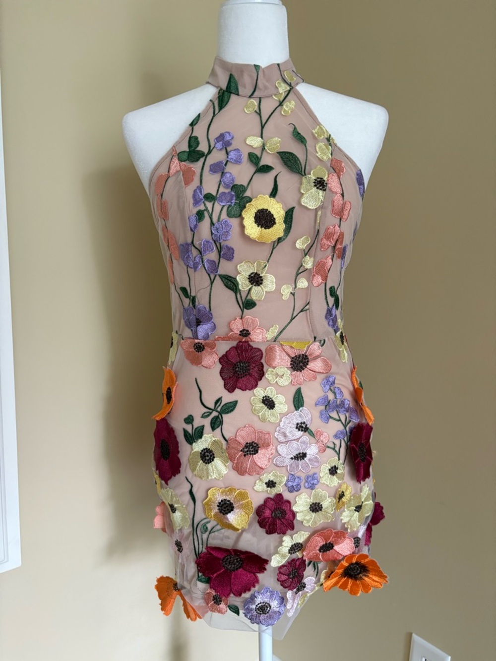 Source Unknown Blush Pink Floral Embroidered Backless Halter Dress